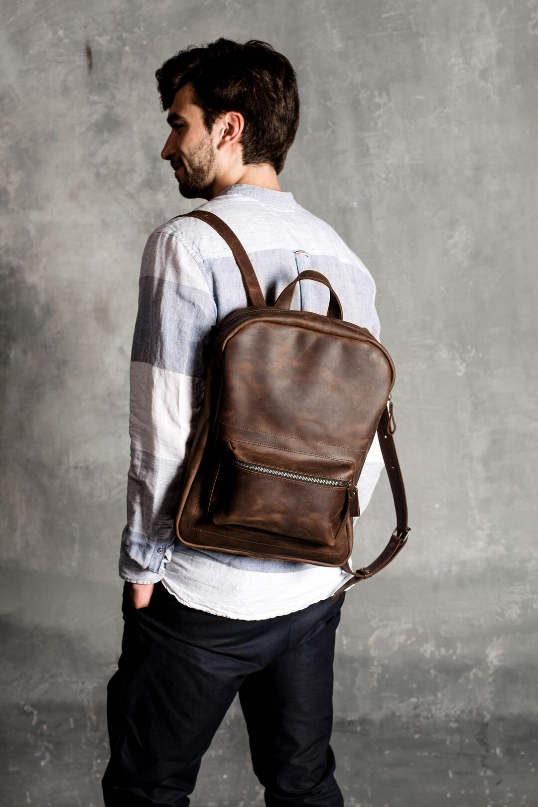 Leather Work Rucksack for Men, Minimalist Laptop Backpack, Personalized ...