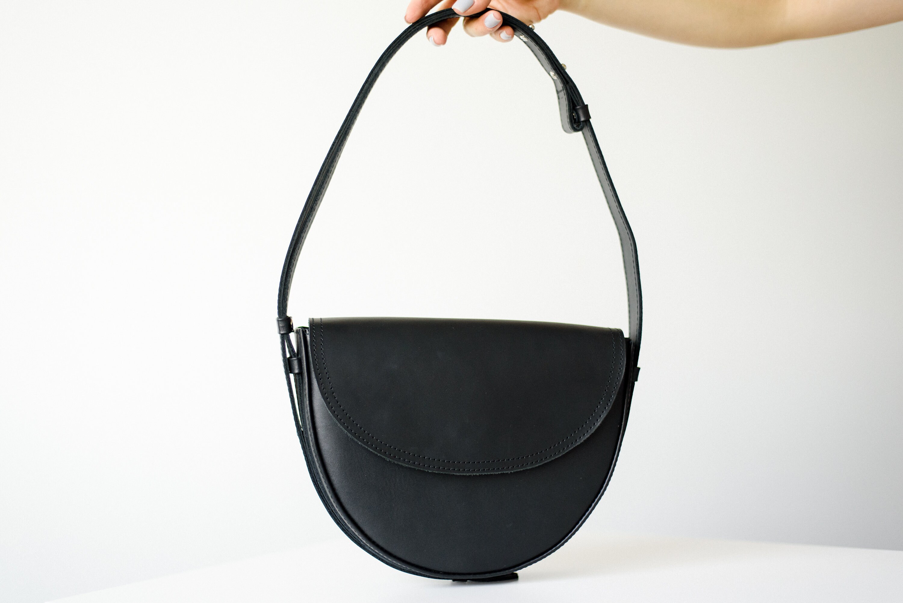 Black Leather Crescent Bag, Half Round Bag, Small Crossbody