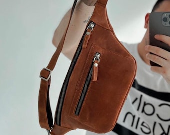 Crossbody sling bag, cadeau voor hem, leren heuptasje, heuptas, cadeau voor papa, heren heuptas, vaderdagcadeau