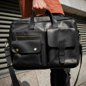 Bolso bandolera de piel negra, bolso bandolera, maletín para hombre, regalo para novio, bolso de trabajo, bolso con cremallera hecho a mano