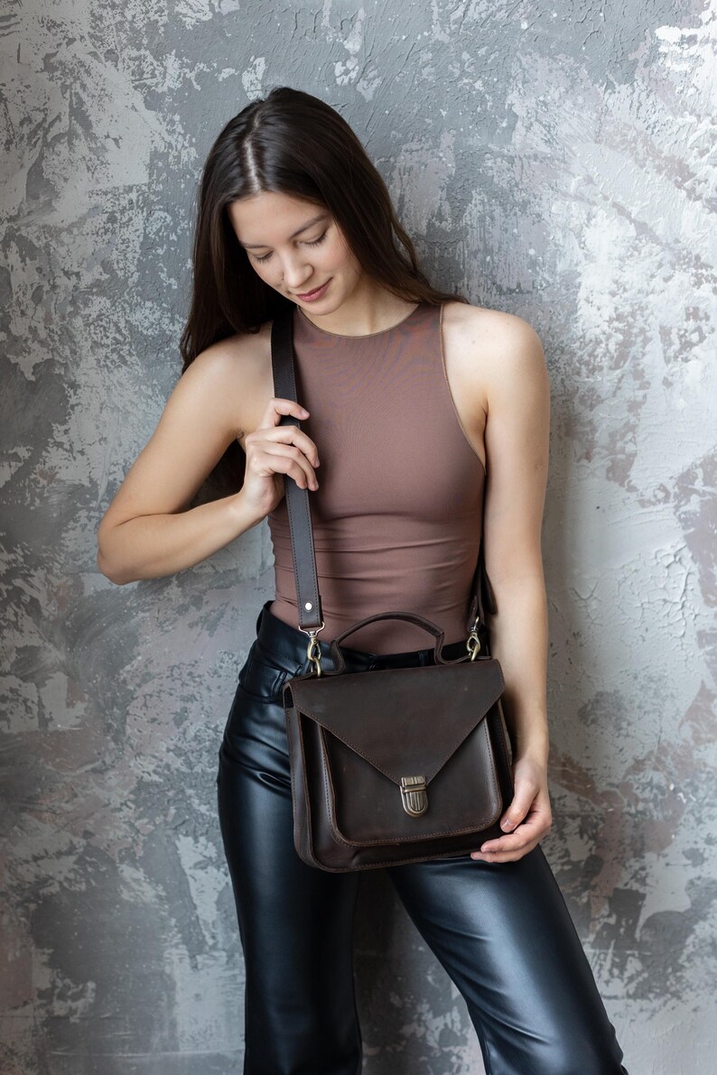 Leather women crossbody bag, small satchel, women handbag, brown city bag, gift for wife, everyday purse, gift for mom, top handle bag
