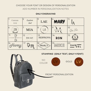 May include: A gray leather backpack with a front flap and adjustable straps. The image shows options for personalization, including engraving and stamping, with various fonts and designs. Text on the image reads "Choose your font or design of personalization."