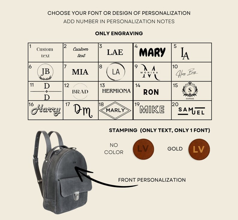 May include: A gray leather backpack with a front flap and adjustable straps. The image shows options for personalization, including engraving and stamping, with various fonts and designs. Text on the image reads "Choose your font or design of personalization."