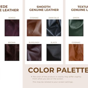 Pu&ograve; includere: Palette di colori che mostra campioni di vera pelle in vari colori. Le opzioni in pelle scamosciata includono Pistacchio, Bordo, Nero, Marrone e Cammello. I colori della pelle liscia sono Cognac, Blu scuro, Borgogna e Nero. Le opzioni in pelle strutturata includono Verde, Nero, Cognac e Marrone.
