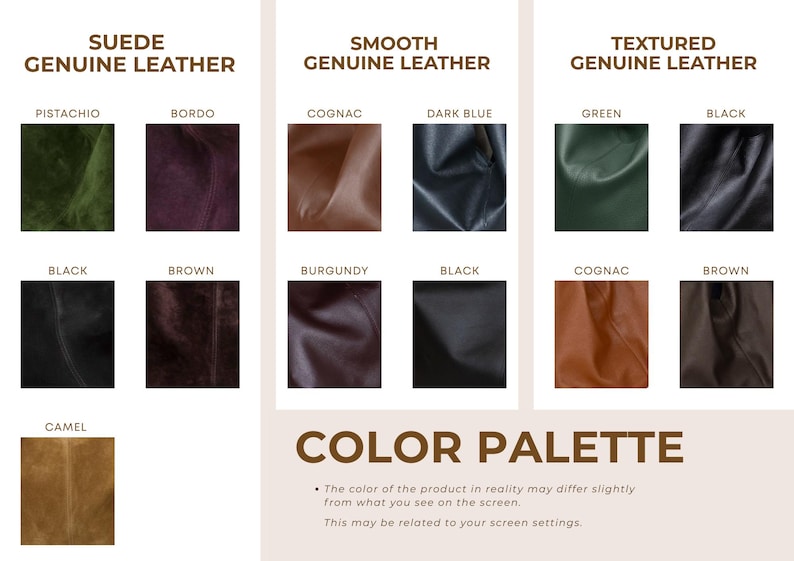 Pu&ograve; includere: Palette di colori che mostra campioni di vera pelle in vari colori. Le opzioni in pelle scamosciata includono Pistacchio, Bordo, Nero, Marrone e Cammello. I colori della pelle liscia sono Cognac, Blu scuro, Borgogna e Nero. Le opzioni in pelle strutturata includono Verde, Nero, Cognac e Marrone.