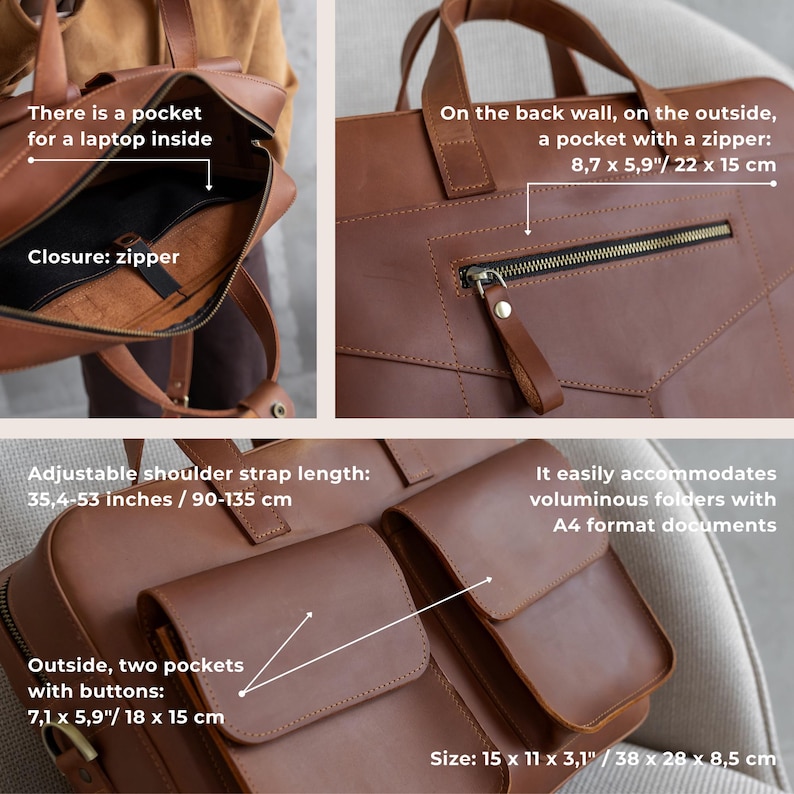 May include: A brown leather briefcase featuring a zippered main compartment with an internal laptop pocket, an external zippered back pocket measuring 8.7 x 5.9 inches, two front buttoned pockets measuring 7.1 x 5.9 inches, and an adjustable shoulder strap.