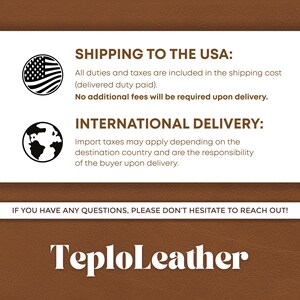 May include: A brown leather-textured graphic featuring the text TeploLeather in white. The image includes a circular icon of the American flag and a circular icon of a globe, along with text regarding shipping policies to the USA and international delivery.