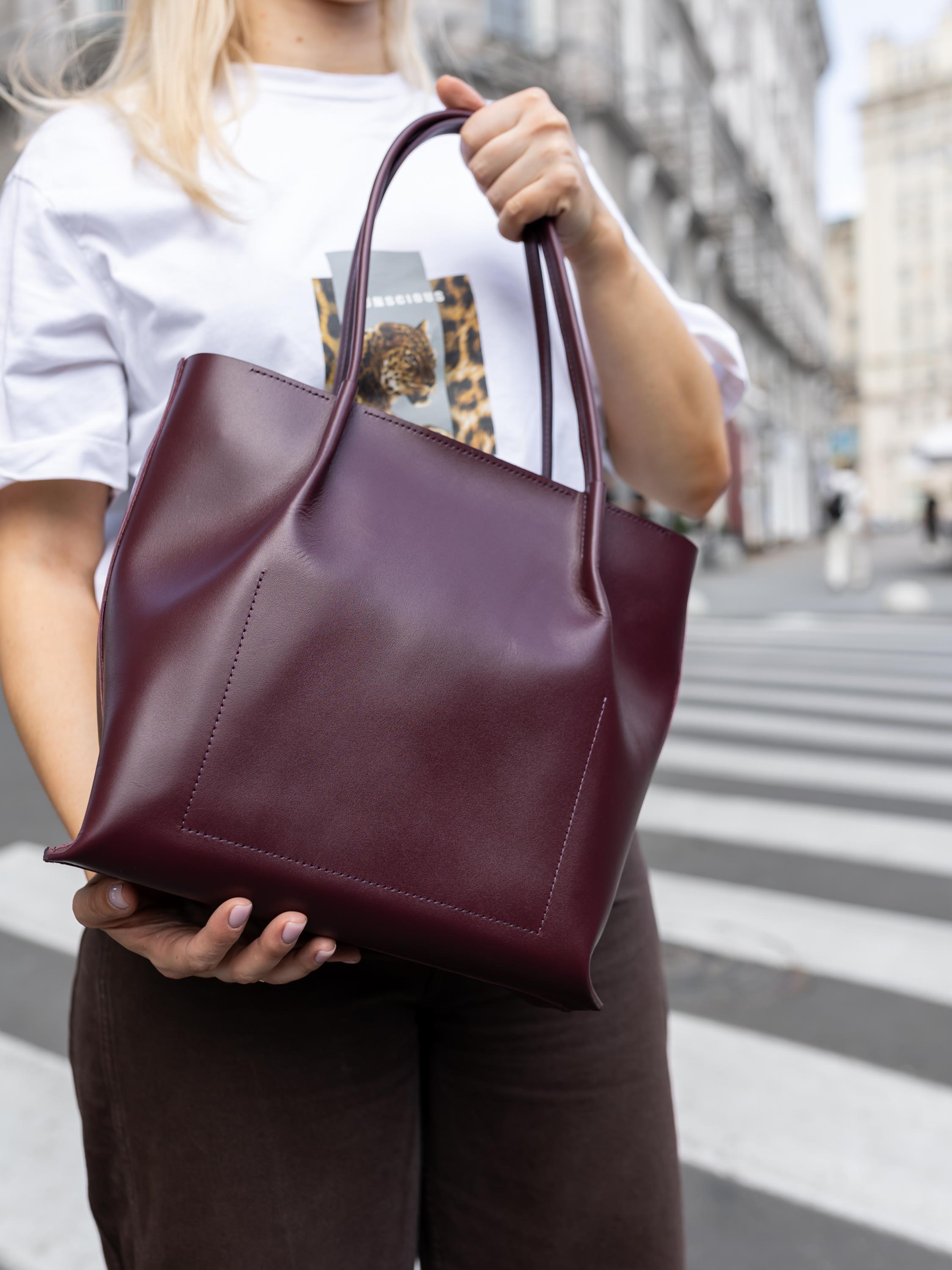 Burgundy Leather Shopping Purse, Large Women Work Handbag