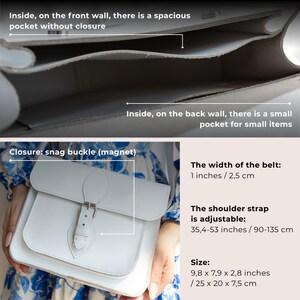 May include: A white leather satchel bag with a rectangular shape and a flap closure. The bag features a buckle closure and an adjustable shoulder strap, ranging from 35.4 to 53 inches (90-135 cm). The bag's dimensions are 9.8 x 7.9 x 2.8 inches (25 x 20 x 7.5 cm).