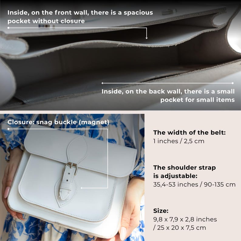 May include: A white leather satchel bag with a rectangular shape and a flap closure. The bag features a buckle closure and an adjustable shoulder strap, ranging from 35.4 to 53 inches (90-135 cm). The bag's dimensions are 9.8 x 7.9 x 2.8 inches (25 x 20 x 7.5 cm).