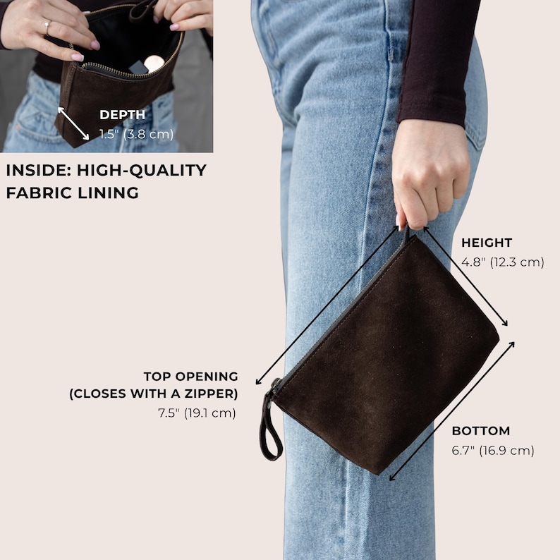 Pu&ograve; includere: Pochette in pelle scamosciata marrone scuro con chiusura a zip. La pochette &egrave; alta 12,3 cm, larga 19,1 cm all'apertura superiore e 16,9 cm sul fondo. La profondit&agrave; &egrave; di 3,8 cm. Interno con fodera in tessuto di alta qualit&agrave;.