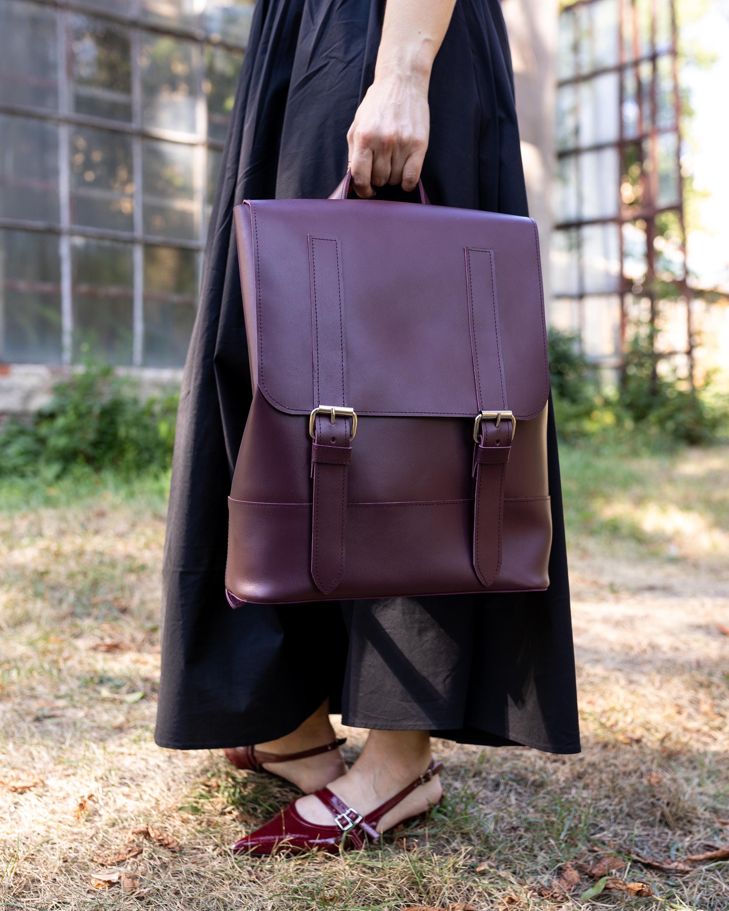 Burgundy Genuine Leather Backpack, Personalized Women Daypack, Handmade ...