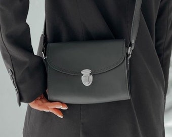 Black classic leather bag, evening purse, gift for her, women city bag, small shoulder bag, crossbody bag