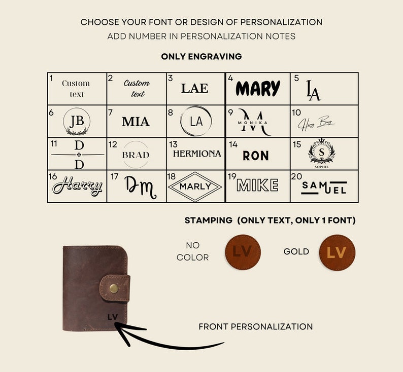 Pu&ograve; includere: Un portafoglio in pelle marrone con chiusura a scatto, con l'opzione di incisione o stampa personalizzata. L'immagine mostra varie opzioni di font e design, inclusi iniziali e nomi, per la personalizzazione.