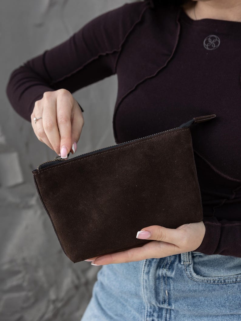 Brown suede toiletry bag, handmade makeup pouch, leather cosmetic bag, custom wife gift