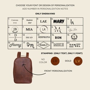 May include: A brown leather backpack with the initials "LV" engraved on the front. The image displays various font and design options for personalization, including text and initials. The text reads "Choose your font or design of personalization."
