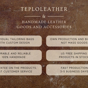 May include: Image features the text "TEPLOLEATHER & HANDMADE LEATHER GOODS AND ACCESSORIES." Additional text includes "INDIVIDUAL TAILORING BAGS WITH CUSTOM DESIGN" and "DURABLE AND RELIABLE 100% HANDMADE."