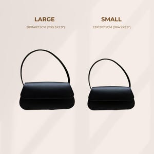 May include: Two black handbags with a single shoulder strap and a flap closure. The large bag measures 28x14x7.5cm (11x5.5x2.9 inches) and the small bag measures 23x12x7.5cm (9x4.7x2.9 inches). Both bags are displayed against a light background.