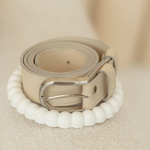 Women Leather Belt, Beige Casual Belt, Gifts for Her, Everyday
