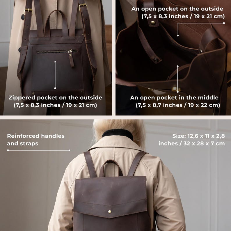 May include: A dark brown leather backpack with reinforced handles and straps. It features an exterior zippered pocket measuring 7.5 x 8.3 inches, an exterior open pocket of 7.5 x 8.3 inches, and a middle open pocket of 7.5 x 8.7 inches. Total size is 12.6 x 11 x 2.8 inches.