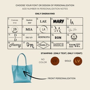 May include: A light blue tote bag with a front personalization option. The image displays various engraving and stamping options, including initials and names, with font choices. The text reads "CHOOSE YOUR FONT OR DESIGN OF PERSONALIZATION".