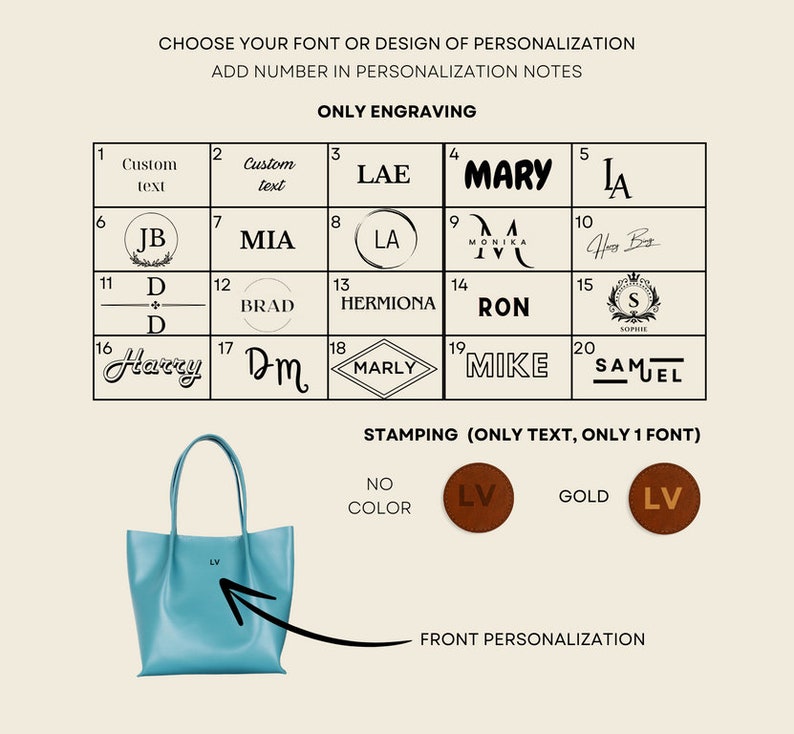 May include: A light blue tote bag with a front personalization option. The image displays various engraving and stamping options, including initials and names, with font choices. The text reads "CHOOSE YOUR FONT OR DESIGN OF PERSONALIZATION".