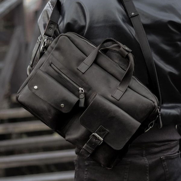 Personalized leather mens messenger bag, laptop shoulder bag, leather satchel, fathers day gift, leather office bag