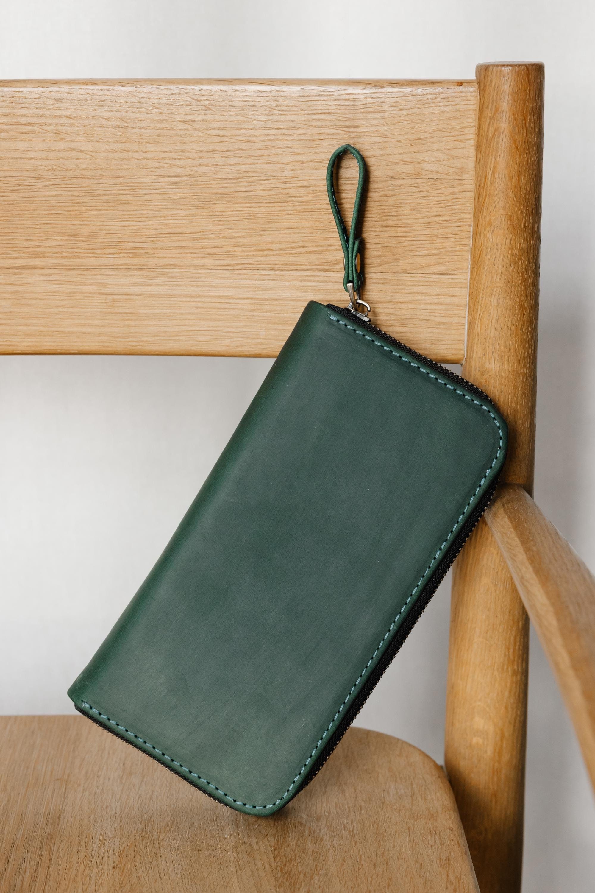 Green Leather Wallet, Personalized Wallet, Minimalist Long Wallet