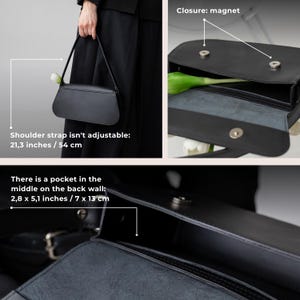 May include: A black shoulder bag with a non-adjustable 21.3-inch strap. The bag features a magnetic closure and an internal pocket on the back wall measuring 2.8 by 5.1 inches. The design includes a flap top and a smooth, solid black exterior finish.