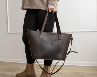 Geniune leather oversized bag, leather shoulder bag, spacious handbag, bags for women, mother&#39;s day gift, side pocket bag, work leather bag