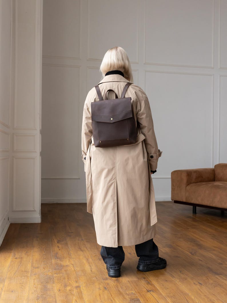 Leather urban backpack, women brown work rucksack, office knapsack for her image 11
