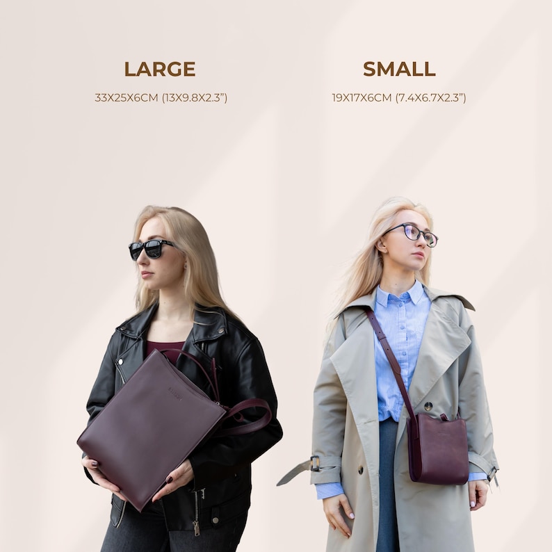 Pode incluir: Duas mulheres exibem bolsas de couro bord&ocirc;. A bolsa grande mede 33x25x6cm, a pequena 19x17x6cm. Uma mulher usa jaqueta de couro preta, a outra um trench coat.