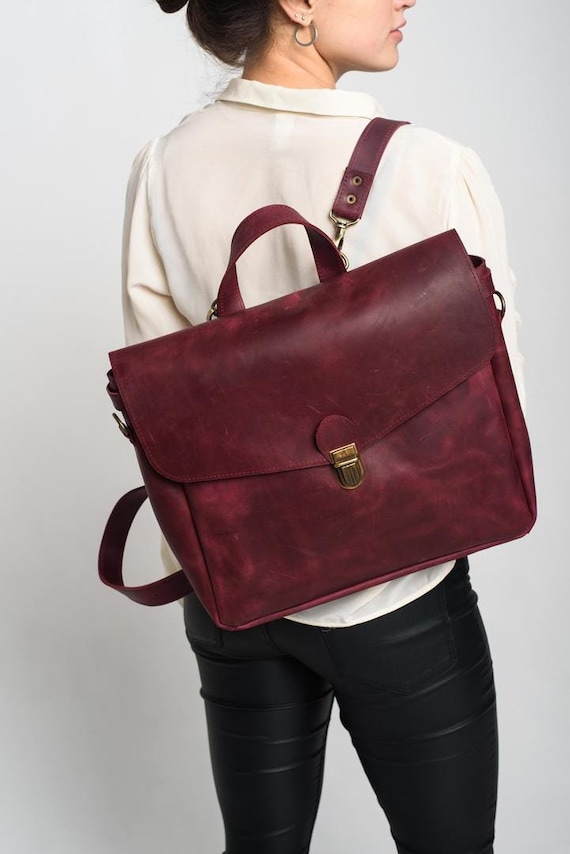 Burgundy leather convertible backpack, womens briefcase, commuter bag, gift for wife, office bag, personalized bag, backpack purse