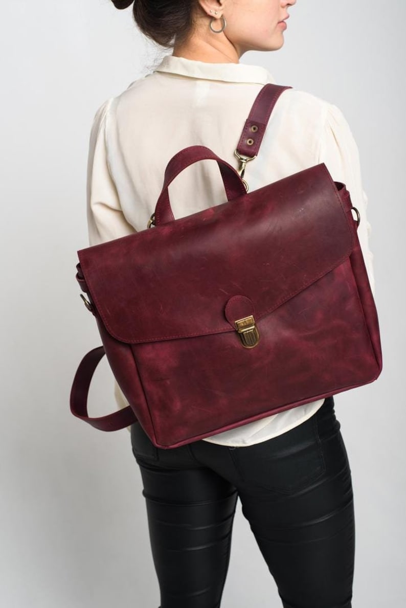 Burgundy leather convertible backpack, womens  briefcase, commuter bag, gift for wife, office bag, personalized bag, backpack purse