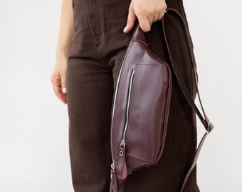Leather Belt Bag, Burgundy Fanny Pack, Everyday Sling Bag 