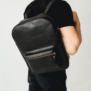 Black leather everyday rucksack, leather haversack, mens backpack, laptop backpack, minimalist haversack, traveling black backpack