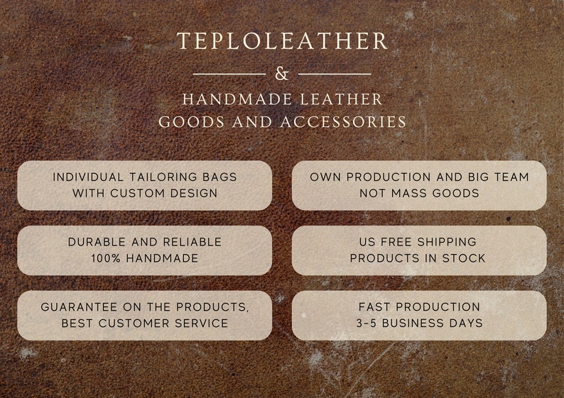 May include: Image featuring the text "TEPLOLEATHER & HANDMADE LEATHER GOODS AND ACCESSORIES." Additional text includes "INDIVIDUAL TAILORING BAGS WITH CUSTOM DESIGN" and "DURABLE AND RELIABLE 100% HANDMADE."