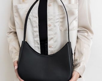 Black leather city bag, leather shoulder purse, genuine leather handbag, mini everyday bag, evening handbag, minimalist bag