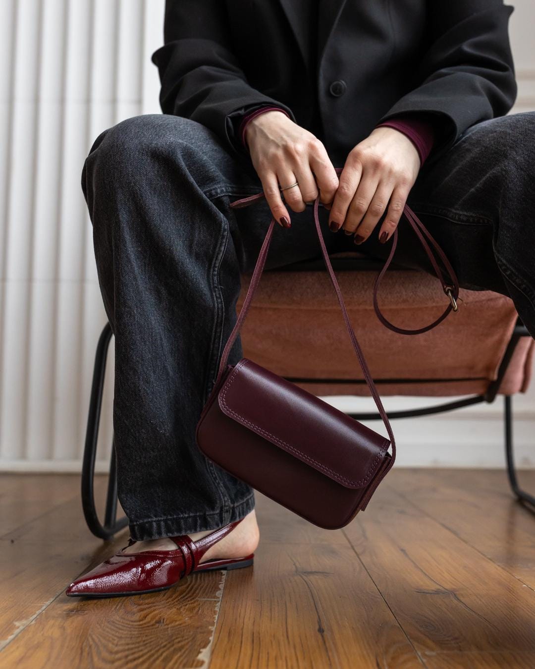 Genuine Leather Burgundy Crossbody Bag, Small City Bag, Elegant