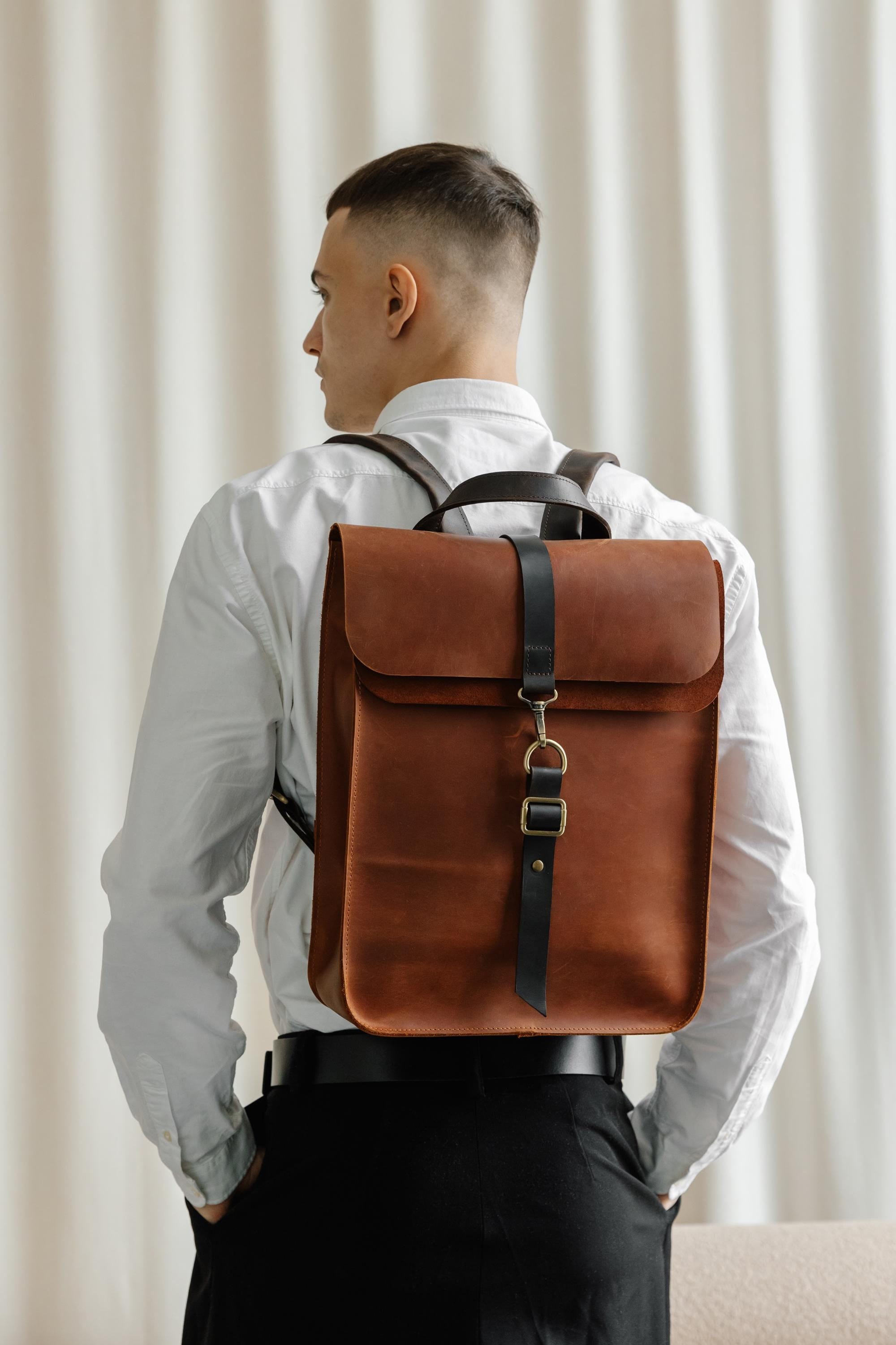 best leather backpacks men work amazon Wesccimo Full Grain Genuine Backpack for Men, Black Mens Leather Backpack, Personalized Laptop