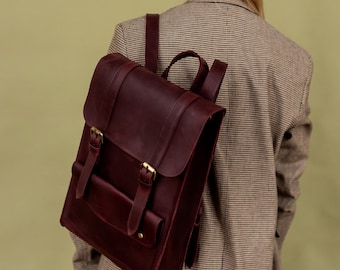 Large leather burgundy backpack, women work rucksack, handmade college haversack