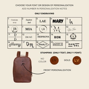 May include: A brown leather backpack with the initials "LV" engraved on the front. The image displays various font and design options for personalization, including text and initials. The text reads "Choose your font or design of personalization."