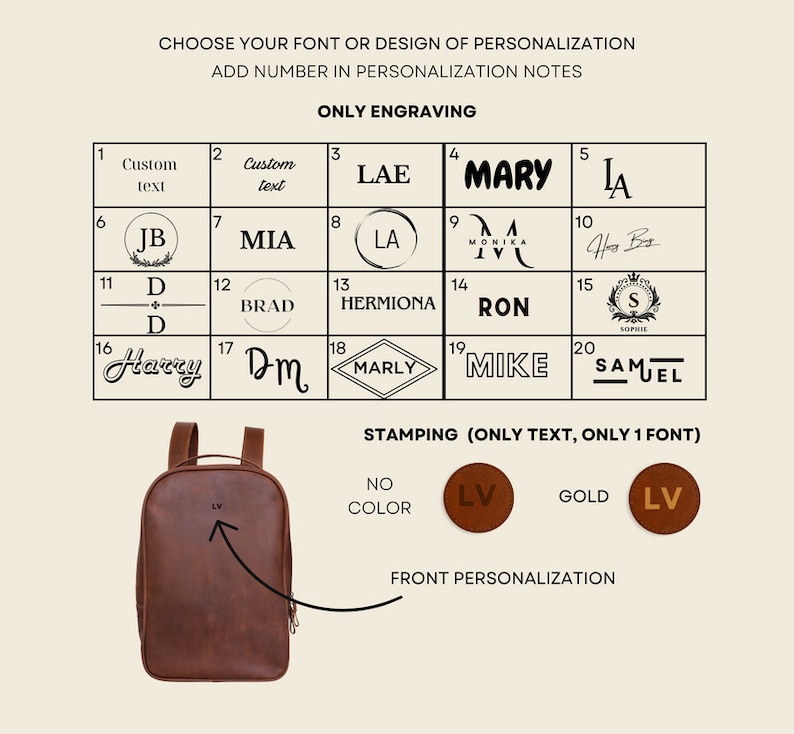 May include: A brown leather backpack with the initials "LV" engraved on the front. The image displays various font and design options for personalization, including text and initials. The text reads "Choose your font or design of personalization."