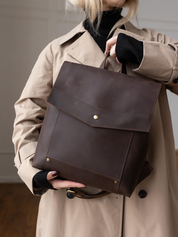 Leather urban backpack, women brown work rucksack, office knapsack for her