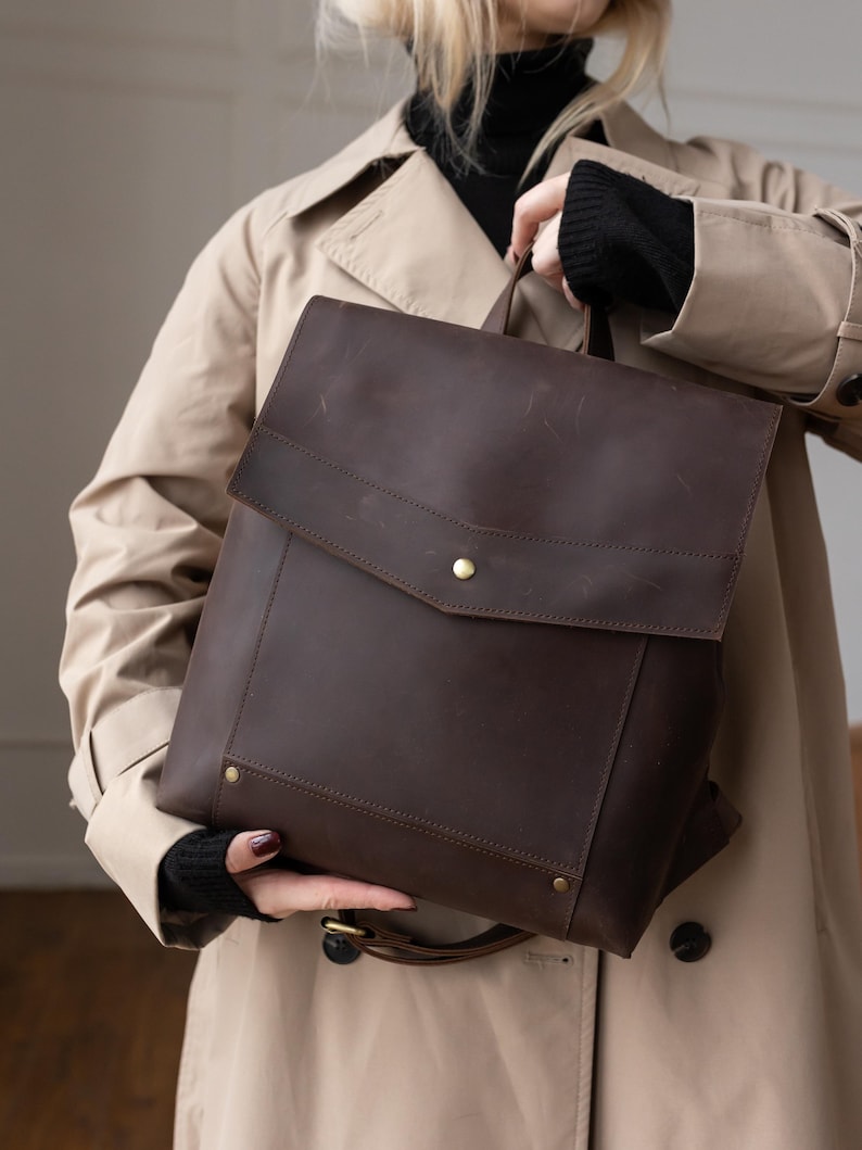 Leather urban backpack, women brown work rucksack, office knapsack for her