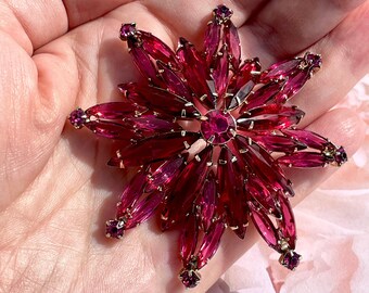 Ruby red layered flower brooch. Stunning vintage rhinestone and navette blossom brooch.
