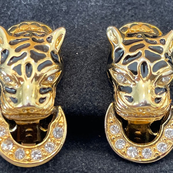 Detailed vintage leopard jaguar rhinestone door knocker earrings. Door knocker dimensional big cat clip on earrings.