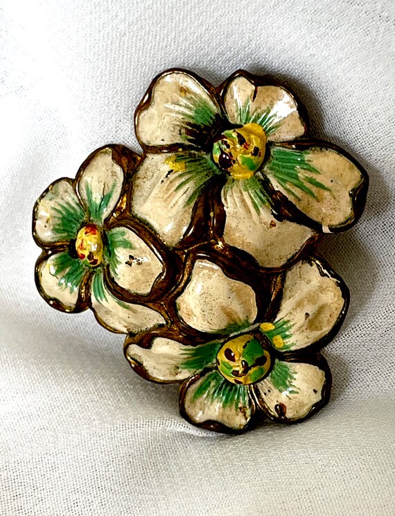 Antique Repousse enamel flower brooch. Art Nouveau