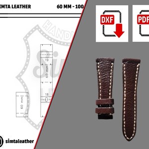 Puede incluir: Una correa de reloj de cuero marrón con costuras blancas. La correa tiene 60 mm de ancho y se muestra en dos piezas. La imagen también incluye un diagrama de la correa con medidas en milímetros. El texto "SIMTA LEATHER" y "60 MM - 100" es visible en la imagen.