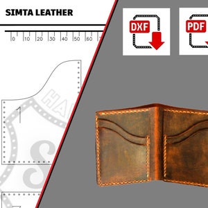 May include: A brown leather wallet with two pockets and a stitched edge. The wallet is open to show the interior. The image also includes a pattern for the wallet, which is labelled "SIMTA LEATHER" and includes a ruler in inches.